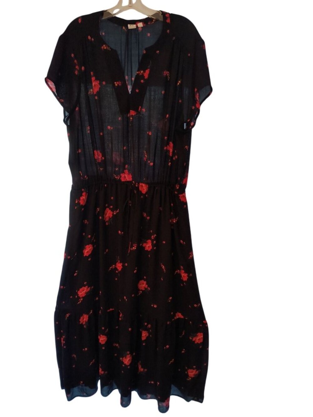 Gap Womens Black Floral Maxi Dress XXL Red Roses Short Sleeve Lightweight